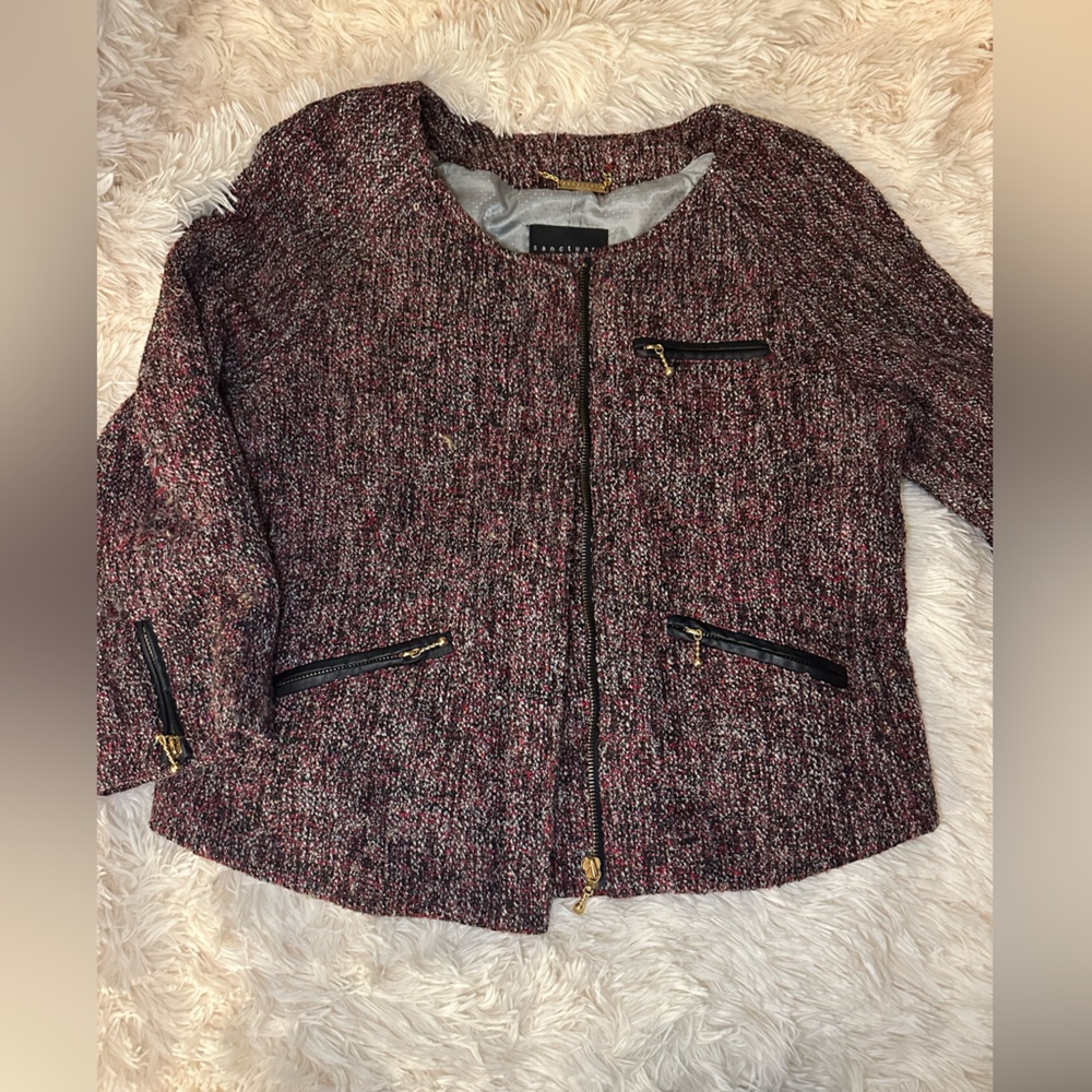 Sanctuary blazer jacket bucle size L. Burgundy, gray, and gold.
